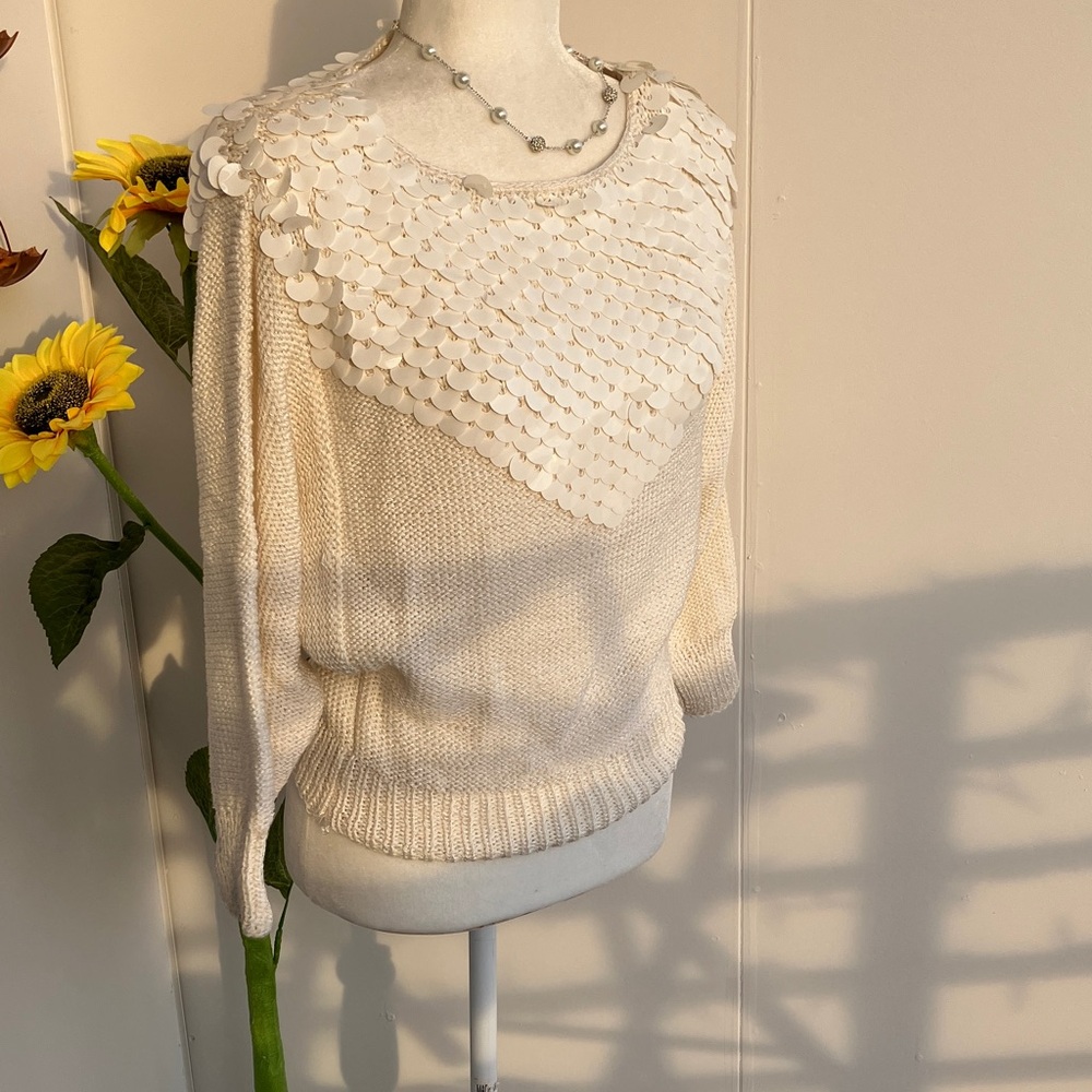Vintage 80s Paillettes Sequin Collar Dolman Sleeve Cropped Cream Knit Sweater